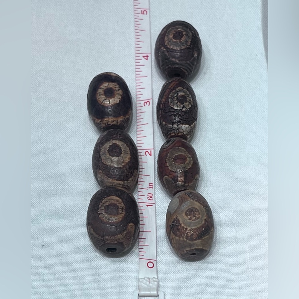DZI Tibetan Agate Barrel Beads. 7pc Set. (about 7”)